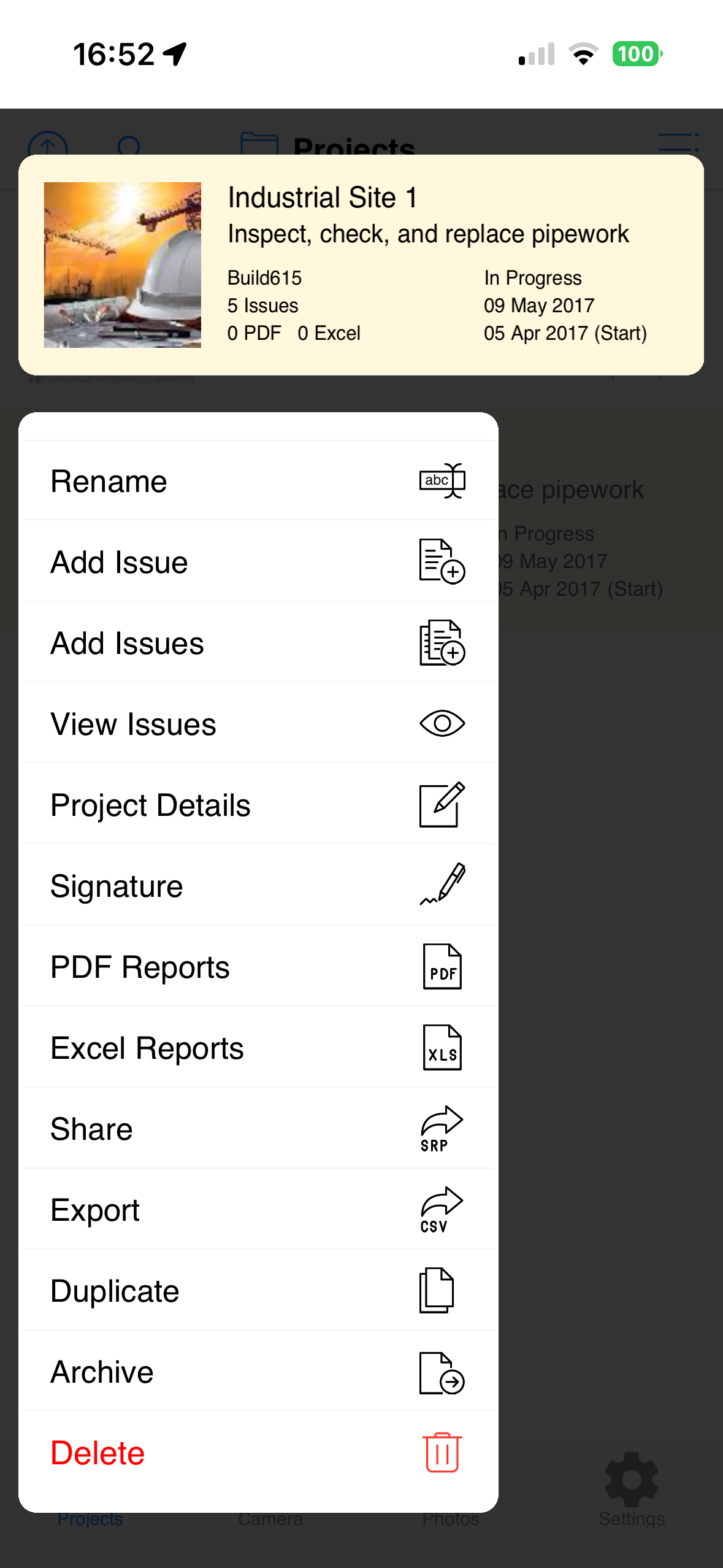 Project quick menu