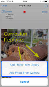 Site Report Pro - Add Multiple Images snag audit pro add multiple photos method 1 action sheet 169x300 - Site Report Pro - Add Multiple Images