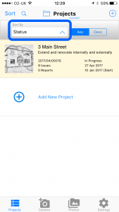 Projects Sort By - Site Audit Punch List App